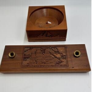 Nautical  Lasercraft Walnut Desk Set · Ship Pen Holder + Ashtray